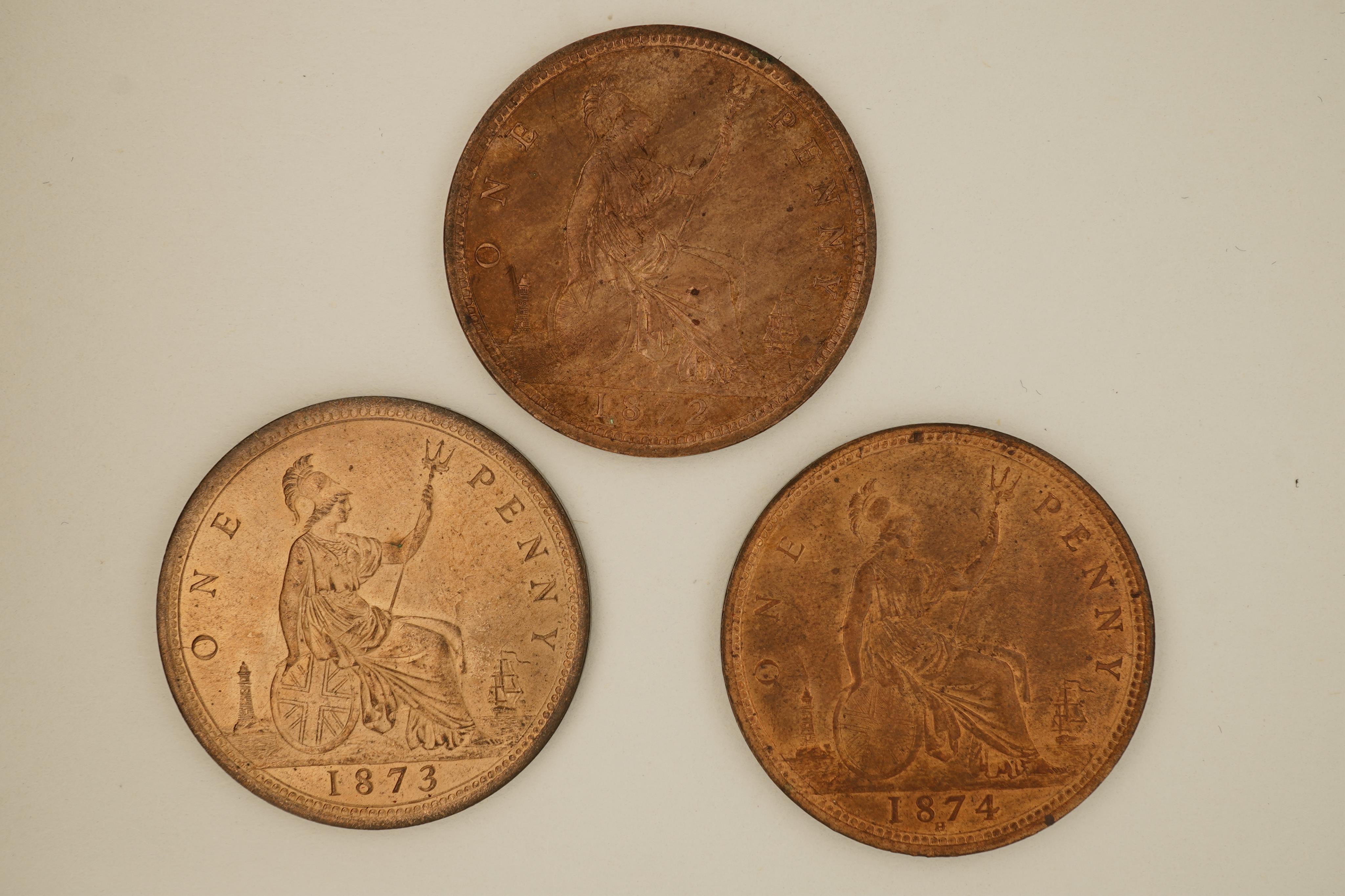 British coins, Victoria, three bronze pennies; 1872, Fr. 62, Gouby dies J/g, about EF, some lustre, 1873, Fr. 64, Gouby dies J/g, rim wear, die clash to Victoria’s neck, otherwise good EF, crisp reverse, much lustre, 187